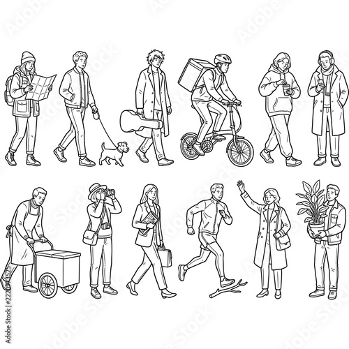 Diverse people in casual winter attire engaged in various daily activities