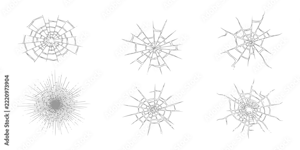 Obraz premium Broken glass crack and bullet hole impact set vector illustration isolated on white background.