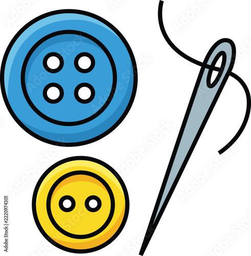 Cute Sewing Buttons Needle and Thread Cartoon Icon - Tailoring Craft Illustration