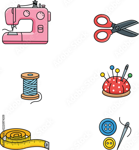 Cute Sewing and Tailoring Essentials Icon Set with Sewing Machine, Scissors, Thread, Pin Cushion, Measuring Tape and Buttons
