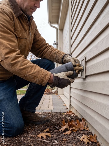 Person winterizing an outdoor faucet with a faucet cover, focused and diligent, in a residential setting