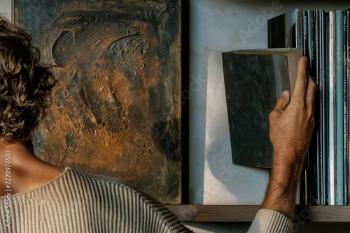 Young man selecting hardcover book beside textured abstract artwork in sophisticated modern home library