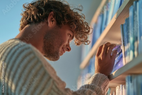 Close up of young man selecting book from colorful bookshelf in warm sunlit modern interior