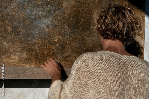 Young man examining large textured abstract painting in sophisticated luxury interior with warm earthy tones