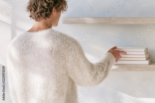Young man arranging stacked books on floating wooden shelves in bright minimalist interior