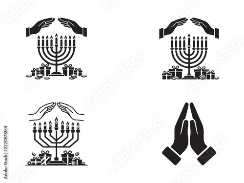 Set of black and white icons featuring menorah symbols and praying hands for jewish religious holiday design