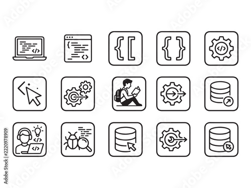 Set of hand drawn vector icons representing software development programming coding and database management concepts