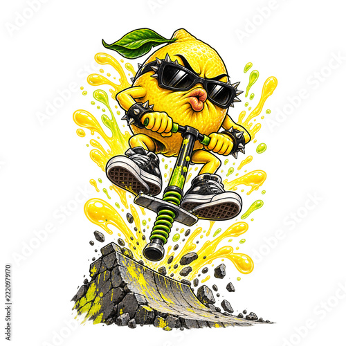 Cool Lemon Cartoon Mascot Jumping on Pogo Stick with Sunglasses and Yellow Juice Splash