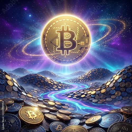 Golden bitcoin coin floating above a landscape of gold coins and light