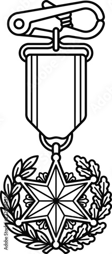 Outline Icon of a Vintage Star Medal With Striped Ribbon and Heavy Duty Pincer Clasp Header