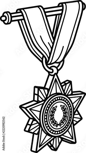 Outline Icon of a Vintage Star Medal With Ribbon and Laurel Wreath in Side Profile View
