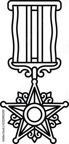 Outline Icon of a Vintage Star Medal With Vertical Striped Ribbons and Decorative Filigree Details