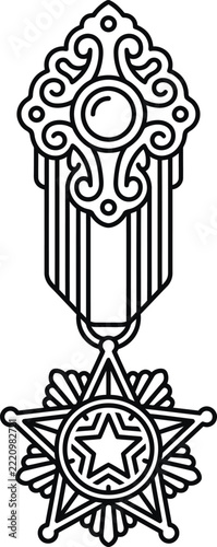 Vintage Military Star Medal Outline Icon With Ornate Decorative Backplate and Vertical Striped Ribbon on White Background