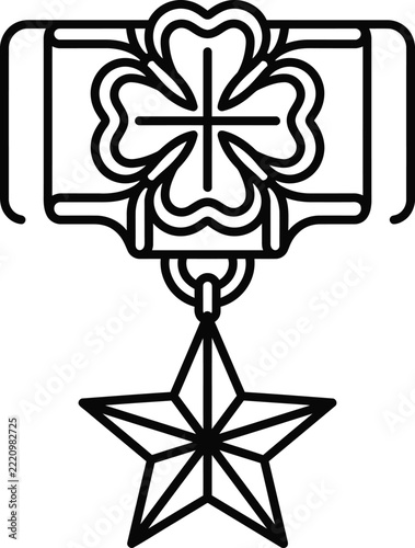 Vintage Military Medal Icon Featuring a Five Pointed Star and a Four Leaf Clover Ribbon Detail