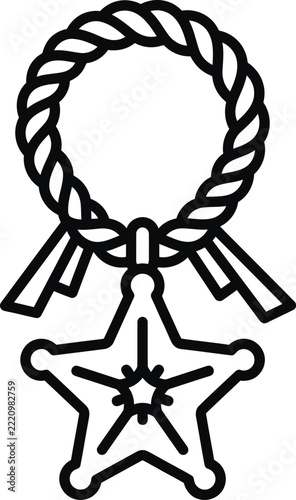 Vintage Star Medal Outline Icon With Thick Twisted Rope Cord and Ribbon Details on White Background