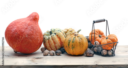 autumnal vegetables and fresh nuts in a little basket  squash and decorative ...