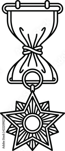 Vintage Style Outline Icon of a Heroic Achievement Medal Featuring a Star Ornament and Cinched Hourglass Ribbon