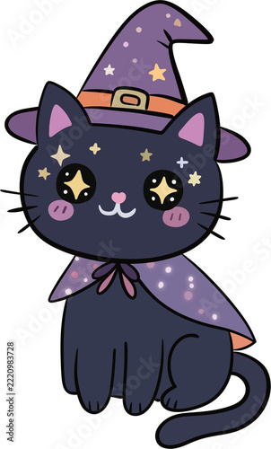 Cute witch black cat wearing a purple hat and cape with sparkling magic stars, adorable Halloween animal element, cartoon isolated illustration.
