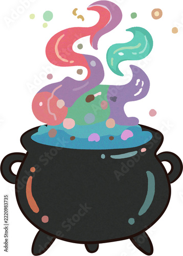Colorful Magic Witch Cauldron Boiling Potion with Swirling Smoke and Sparkles Clip Art.