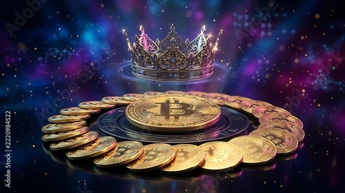 Golden bitcoin coin under a royal crown surrounded by stacks of gold coins