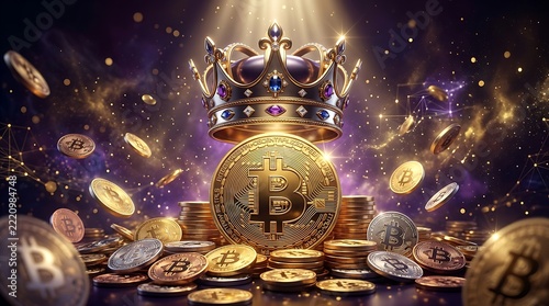 Golden bitcoin coin wearing a royal crown surrounded by floating coins