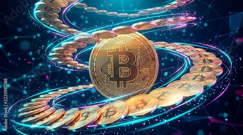 Golden bitcoin coin with spiraling trails of coins on a dark digital network