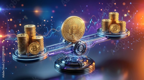 Golden bitcoin coins balanced on a futuristic digital scale with data graphs