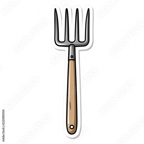 Hand-drawn garden fork sticker illustration isolated on white background, professional metal pitchfork tool with wooden handle for gardening, agriculture, and farming concepts.
