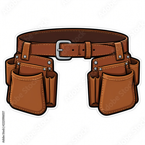 Professional Brown Leather Tool Belt Illustration with Multiple Pouches and Pockets for Construction, Carpentry, and DIY Handyman Work, Isolated on White Background Vector Graphic