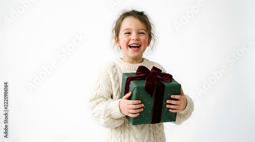 Cheerful young girl holding a green gift box with a velvet ribbon against a white background