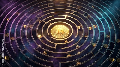 Golden bitcoin coin at the center of a dark circular maze