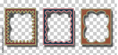 Three ornate vintage rectangular picture frames featuring intricate decorative patterns isolated on a transparent background perfect for your professional creative graphic design