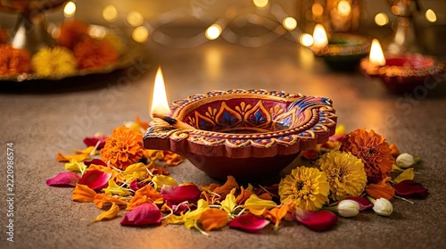 Traditional diwali clay lamps with flower petals and soft golden light