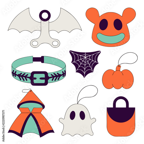 Cute Halloween Alchemy Vector Icon and Tag Set with Ghost Pumpkin Bat and Cloak