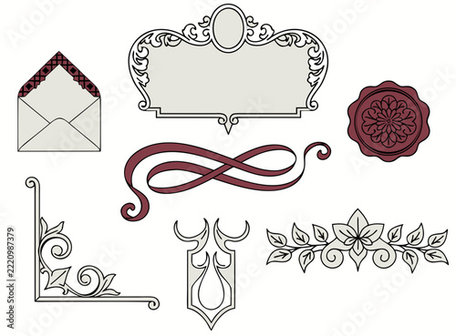 Collection of decorative ornate elements, including an envelope, flourishes, and a wax seal
