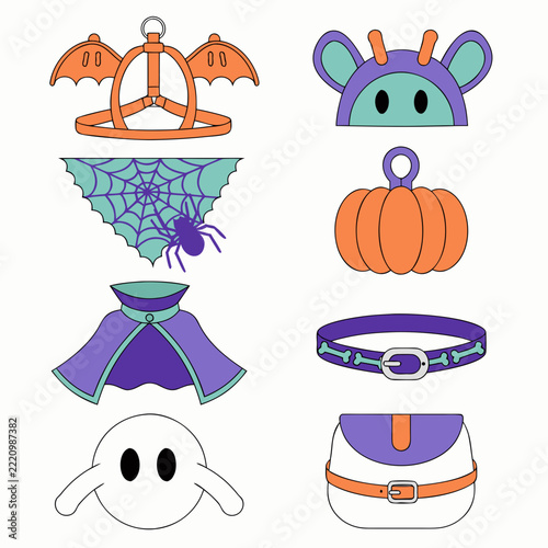 Cute and spooky Halloween vector icons set featuring pet accessories, costumes, and festive party decorations