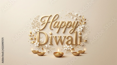 Elegant happy diwali text with golden lamps and floral decorations on a neutral background