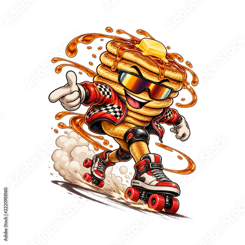 Cool Pancake Stack Cartoon Mascot Roller Skating with Maple Syrup, Butter, Sunglasses and Red Sneakers