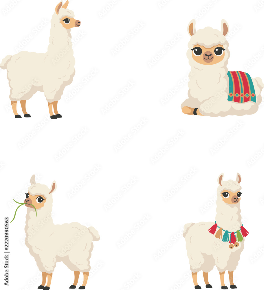 Fototapeta premium Cute White Llama and Alpaca Vector Character Set with Traditional Andean Poncho Blanket Tassels and Grass for Peru Travel Designs