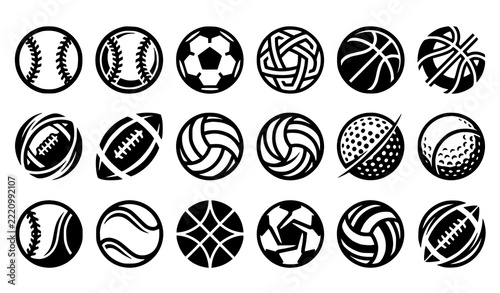 Modern Sports Ball Logo Icons – Black White Vector Collection
