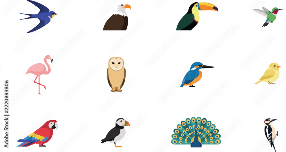 Fototapeta premium Exotic and Wild Birds Icon Set with Flamingo Toucan Eagle Parrot Owl and Peacock Flat Vector Illustration for Nature Education Logo Designs