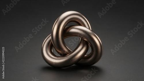 Complex torus knot with brushed metal texture, subtle gold and bronze reflections