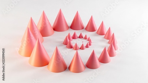 Spiral arrangement of smooth cones of different sizes, warm sunset orange and pink gradient
