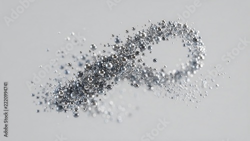 Swarm of tiny metallic spheres forming a dynamic abstract shape, chrome and steel colors