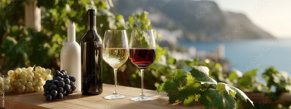 Fototapeta premium Elegant pair of identical wine glasses on sunlit wooden table with bottles, grapes, coastal sea, soft horizon and warm bokeh creating refined outdoor dining scene