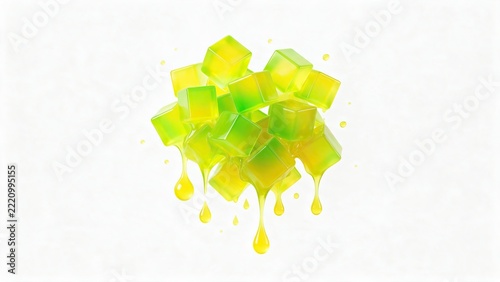 Cluster of floating cubes melting into soft liquid drops, vivid lime green and yellow gradient