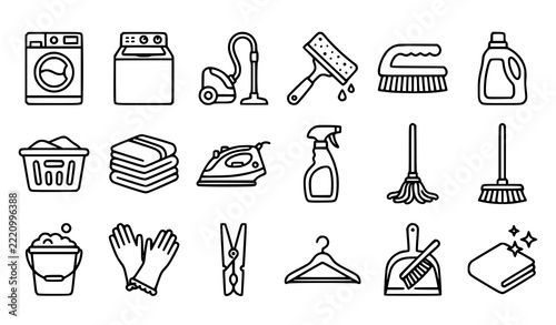 Cleaning and Laundry Outline Icons Vector Set