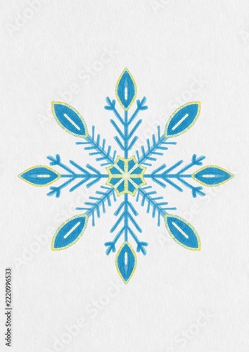 Blue watercolor snowflake with golden glitter accents and delicate geometric pattern. Hand painted winter Christmas ornament isolated 