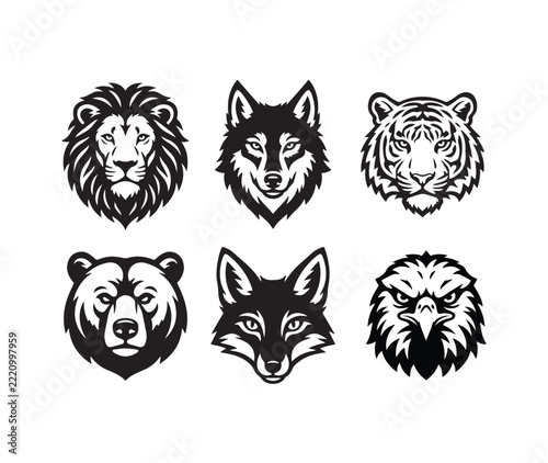 Wild Animal Mascot Head Logo Set with Lion, Wolf, Tiger, Bear, Fox, and Eagle Mascot Vector