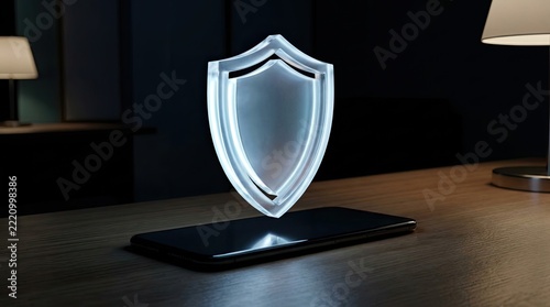Glowing glass security shield hologram above smartphone on desk at night